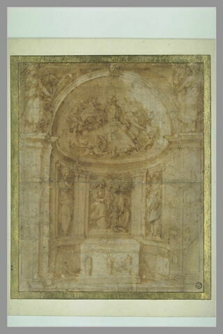 Décor d'autel avec la Vierge à l'Enfant, des saints et Dieu le Père
