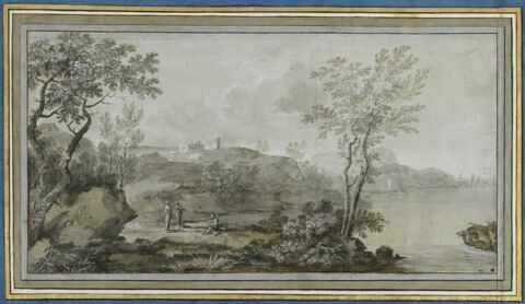 Paysage avec trois figures près d'une étendue d'eau