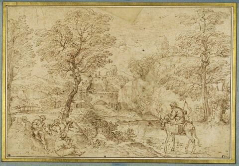 Vaste paysage boisé et vallonné, avec des personnages près d'un château